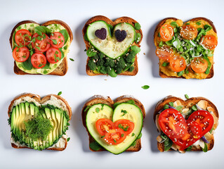 Festive delicious toasts with vegetables, heart-shaped, on a white background