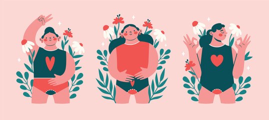Women during menstruation. Happy woman, girl, young lady in lingerie with menses, surrounded plants, flowers, leaves. Love my periods. Modern clip arts about women's power, health, healthy lifestyle. - obrazy, fototapety, plakaty
