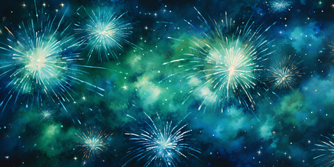A group of fireworks going over a blue background Celebratory Fireworks Over a Blue Background