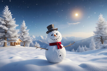 Obraz premium Snowman standing in Christmas landscape. A festive Christmas or snow background.