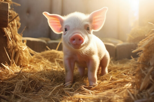 Young piglet on hay at pig farm