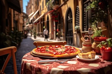 Yummi pizza served outdoors in Italian cafe at narrow street in old town - 688604332