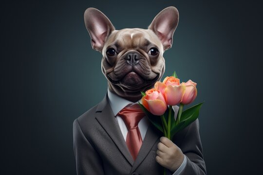 A stylish French bulldog dog in a business suit holds a bouquet of roses  Valentine's Day, Birthday card with a pet. 