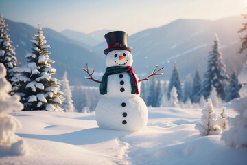 Obraz premium Snowman standing in Christmas landscape. A festive Christmas or snow background.