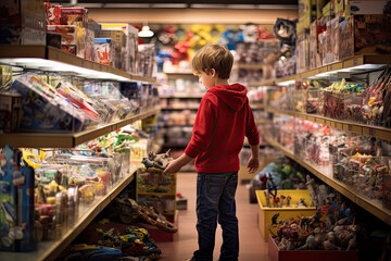 Young boy buying toys at the toy store - obrazy, fototapety, plakaty