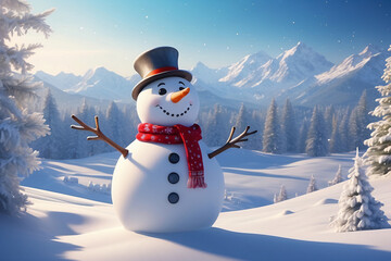 Obraz premium Snowman standing in Christmas landscape. A festive Christmas or snow background.