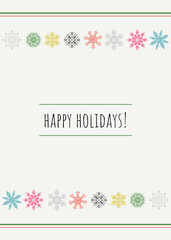 Merry Christmas and Happy New Year greeting card, poster, holiday cover. Modern Xmas design with colorful snowflakes.	