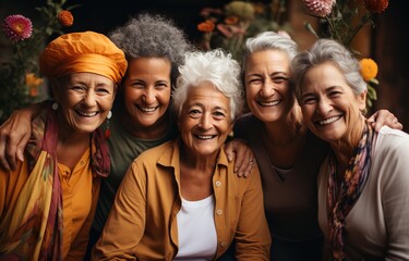 Cheerful elderly women in colorful clothes - obrazy, fototapety, plakaty