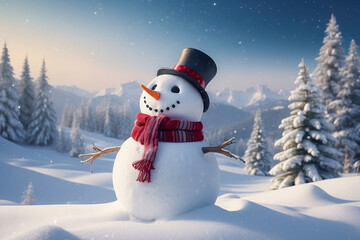 Obraz premium Snowman standing in Christmas landscape. A festive Christmas or snow background.