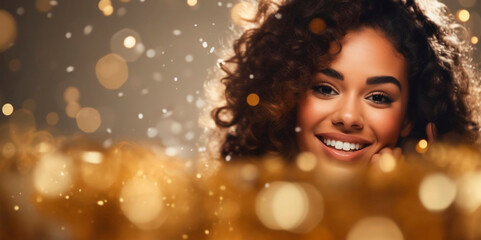 Women's faces. A young happy girl on the background of a golden bokeh. Gold illustration, horizontal copy space on a pastel pink background. An abstract fashion concept.