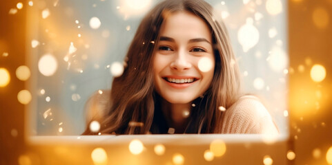 Women's faces. A young happy girl on the background of a golden bokeh. Gold illustration, horizontal copy space on a pastel pink background. An abstract fashion concept.