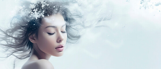Young woman Girl in abstract snow and water drops Fashion spa salon advertising. Abstract fashion concept.