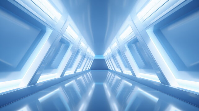 Corridor tunnel of space station ship, glowing futuristic panels of blue color, metal walls reflection of light. Podium stage long way. 3d render