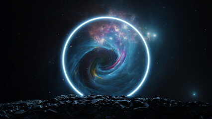 New worlds of galaxies panorama, fantasy portal to far universe. Space exploration, round gateway...