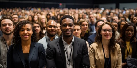 Diverse men and women attending a conference in a convention center.Business people applauding for public speaker during seminar

