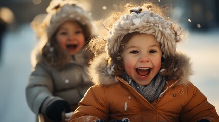 Kids having fun outside in the winter