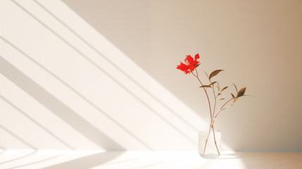 Mininal red twig in sunlight, soft shadow on white wall room,background