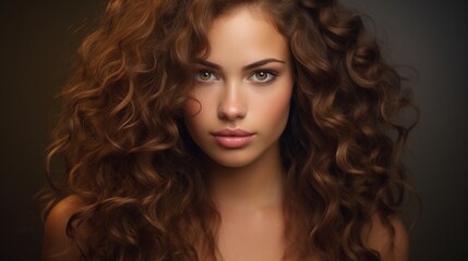 Fototapeta premium Portrait of a lovely young lady with long curly hair. Close-up of the face of a beautiful Caucasian model looking at the camera.