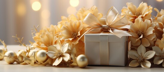 gift box and golden flowers on copy space view. bright background - Powered by Adobe