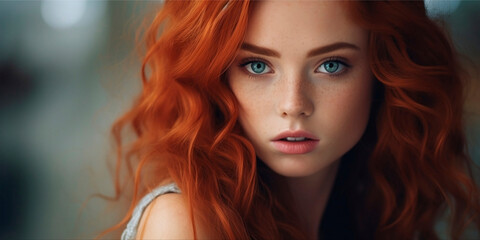 Naklejka premium Women red hair. Women face. A young woman with wavy red hair and freckles smiling in the background horizontal copy space .