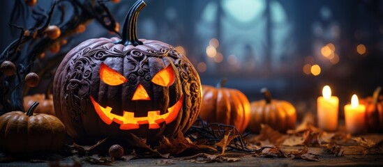 Halloween pumpkin with decorations. Halloween concept background