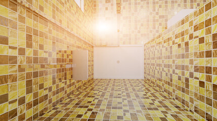 Clean and fresh bathroom with natural light. 3D rendering.. Sunset.