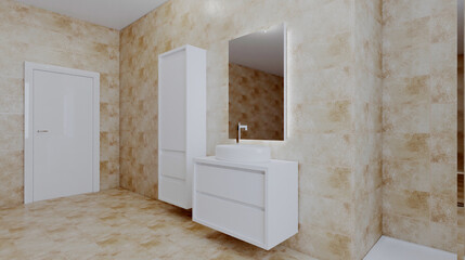 Clean and fresh bathroom with natural light. 3D rendering.