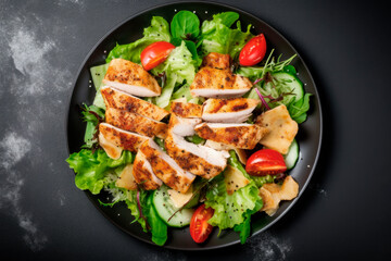 chicken caesar salad on black background