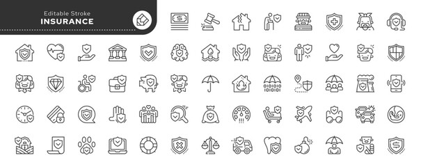 Set of line icons in linear style. Series - Insurance. Life, health, property, home and car accident insurance.Medical, transport and bank insurance. Outline icon collection. Pictogram and infographic - obrazy, fototapety, plakaty
