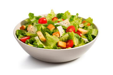 Traditional caesar salad with tomatoes lettuce,cruttons and cheese isolated on white background - obrazy, fototapety, plakaty