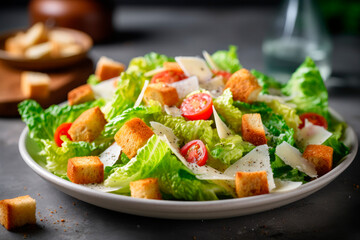 Traditional caesar salad with tomatoes lettuce,cruttons and cheese on gray stone - obrazy, fototapety, plakaty