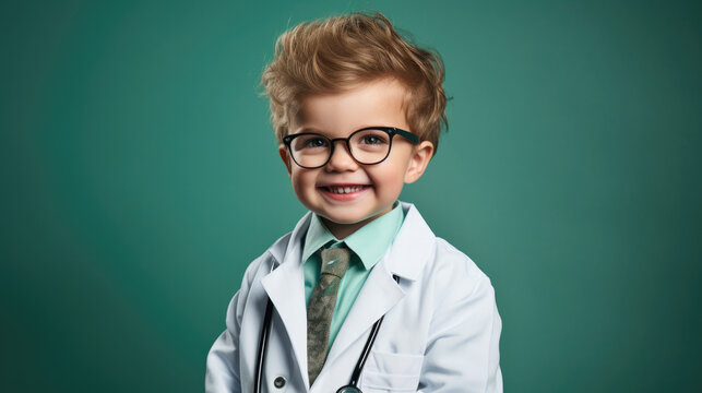 Boy dressed as doctor, mint background, Healthcare concept 