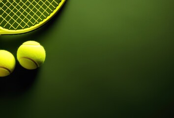 Two Tennis Balls And Tennis Racket Composition. Sport Green Background with Copy Space. Healthy Lifestyle