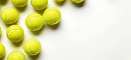 Tennis Ball Pile. Group Of Sport Equipment on White Background with Copy Space. Exercise and Recreation Concept