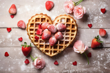 Heart-Shaped Waffles top view, Valentine's Day Concept 