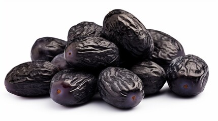 Prunes isolated on white background with clipping path, bunch of dried plums.