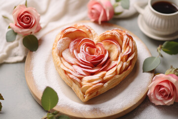 Obraz na płótnie Canvas Heart-Shaped puff pastry apple roses,Valentine's Day Concept 