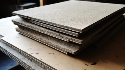 Thick cardboard lists from recycled pulp or pressed sawdust for construction, interior wall cladding and insulation. Stack of thick cardboard dsp from recycled paper for floor and wall cladding.