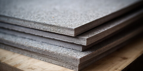 Obraz na płótnie Canvas Thick grey cardboard made from recycled pulp or pressed sawdust for construction, interior wall cladding and insulation. Stack of thick cardboard dsp from recycled paper for floor and wall cladding.