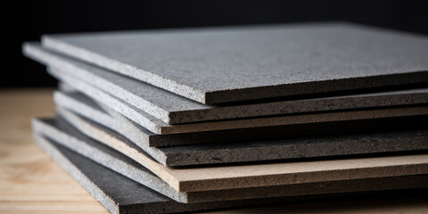 Thick grey cardboard made from recycled pulp or pressed sawdust for construction, interior wall cladding and insulation. Stack of thick cardboard dsp from recycled paper for floor and wall cladding.