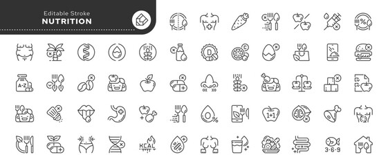 Set of line icons in linear style. Series - Nutrition. Proper nutrition, healthy eating and food. Healthy lifestyle. Outline icon collection. Conceptual pictogram and infographic. - obrazy, fototapety, plakaty