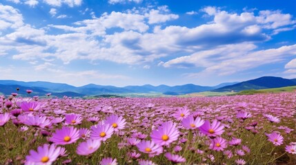 Fototapeta premium Purple daisy flower field blooming in spring morning with blue cloudy sky background .