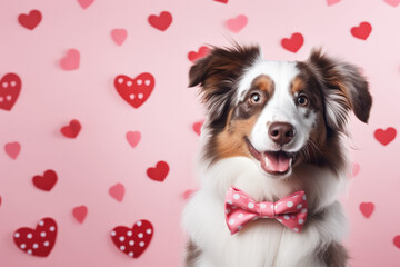 Fototapeta na wymiar Aussie dog with a bow, pink background, Valentine's day concept