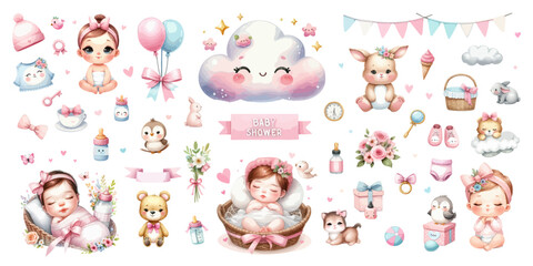 Watercolor illustration set of nursery clipart for baby girl.