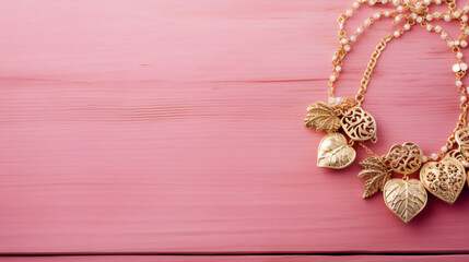 Gold jewelry on pink wood