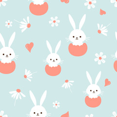 Seamless pattern with bunny rabbit cartoons, egg shell and daisy flower on green mint background vector illustration.