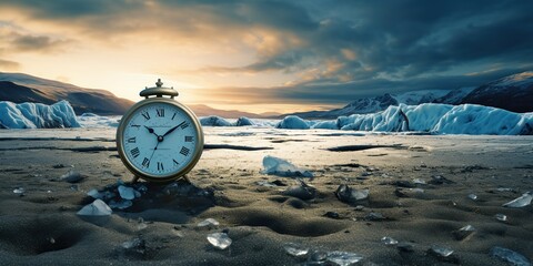 A melting glacier or a ticking clock amidst a barren landscape, illustrating the urgent need for...