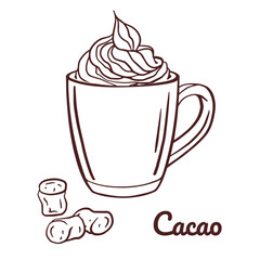 hot cocoa. Hand drawn illustration  with cream decoration for cold days. Christmas winter mood doodle vector Mug with cocoa and marshmallows. Concept for cafe, poster, recipes, social media
