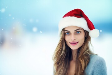 Beautiful German Woman In Santa Hat Against Snowy Backdrop