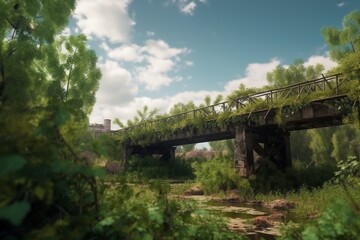 A post-apocalyptic future world without people, an abandoned city with plant growths. Generative AI